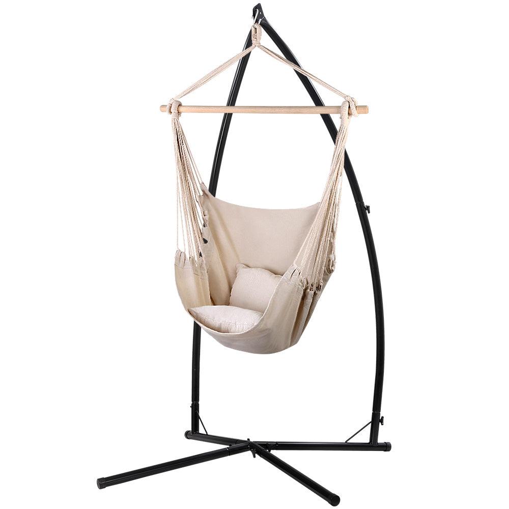 Gardeon Outdoor Hammock Chair with Steel Stand Hanging Hammock with Pillow Cream - John Cootes