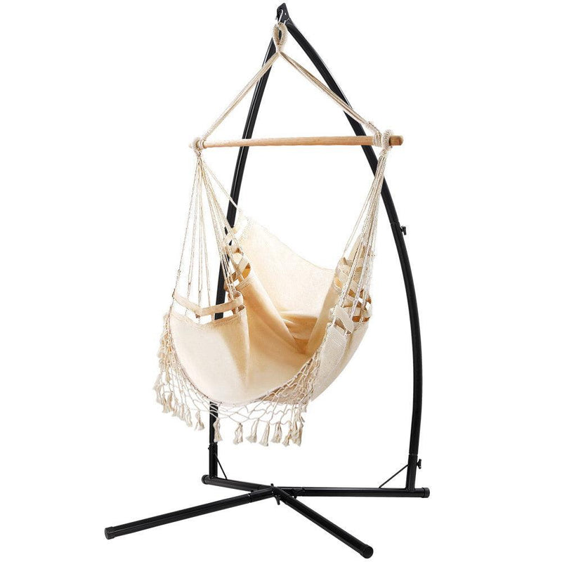 Gardeon Outdoor Hammock Chair with Steel Stand Tassel Hanging Rope Hammock Cream - John Cootes