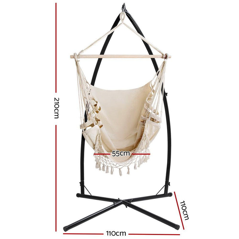 Gardeon Outdoor Hammock Chair with Steel Stand Tassel Hanging Rope Hammock Cream - John Cootes