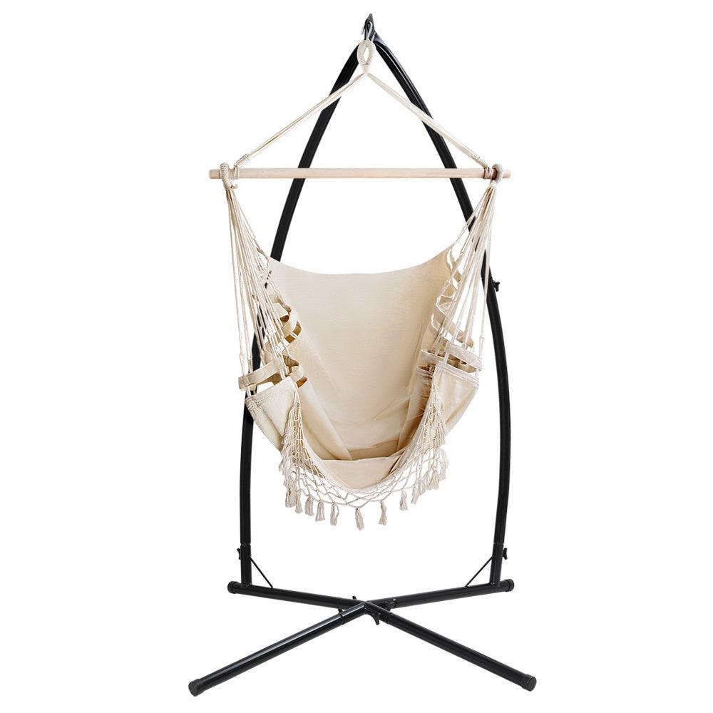 Gardeon Outdoor Hammock Chair with Steel Stand Tassel Hanging Rope Hammock Cream - John Cootes