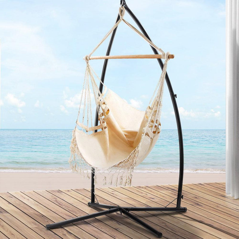 Gardeon Outdoor Hammock Chair with Steel Stand Tassel Hanging Rope Hammock Cream - John Cootes