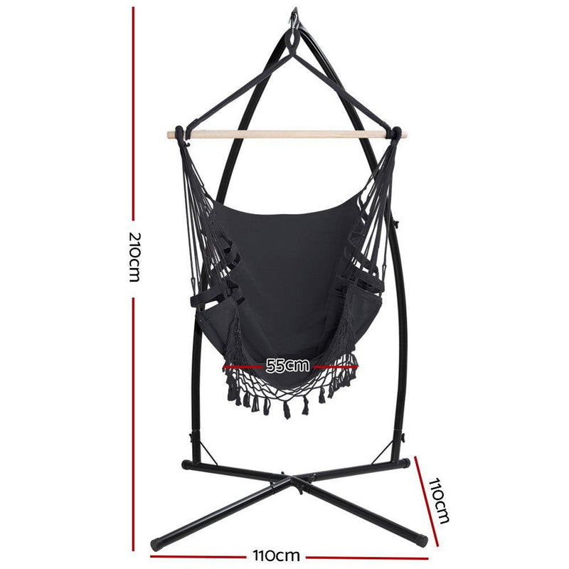 Gardeon Outdoor Hammock Chair with Steel Stand Tassel Hanging Rope Hammock Grey - John Cootes