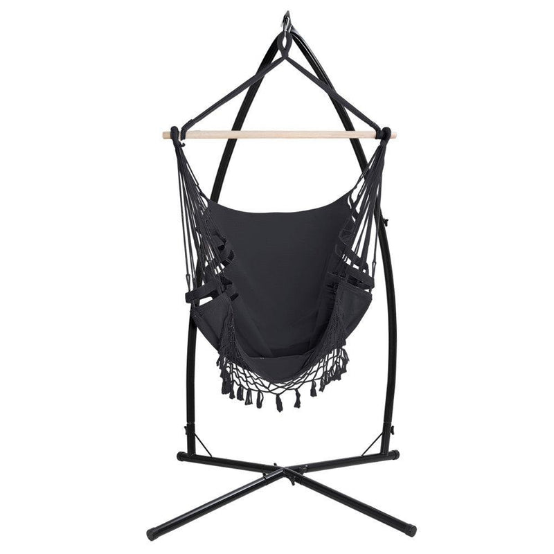 Gardeon Outdoor Hammock Chair with Steel Stand Tassel Hanging Rope Hammock Grey - John Cootes