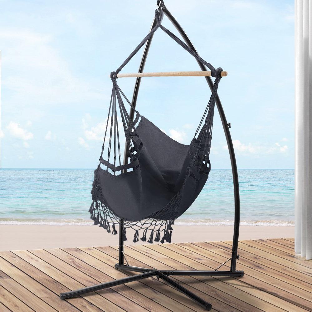 Gardeon Outdoor Hammock Chair with Steel Stand Tassel Hanging Rope Hammock Grey - John Cootes