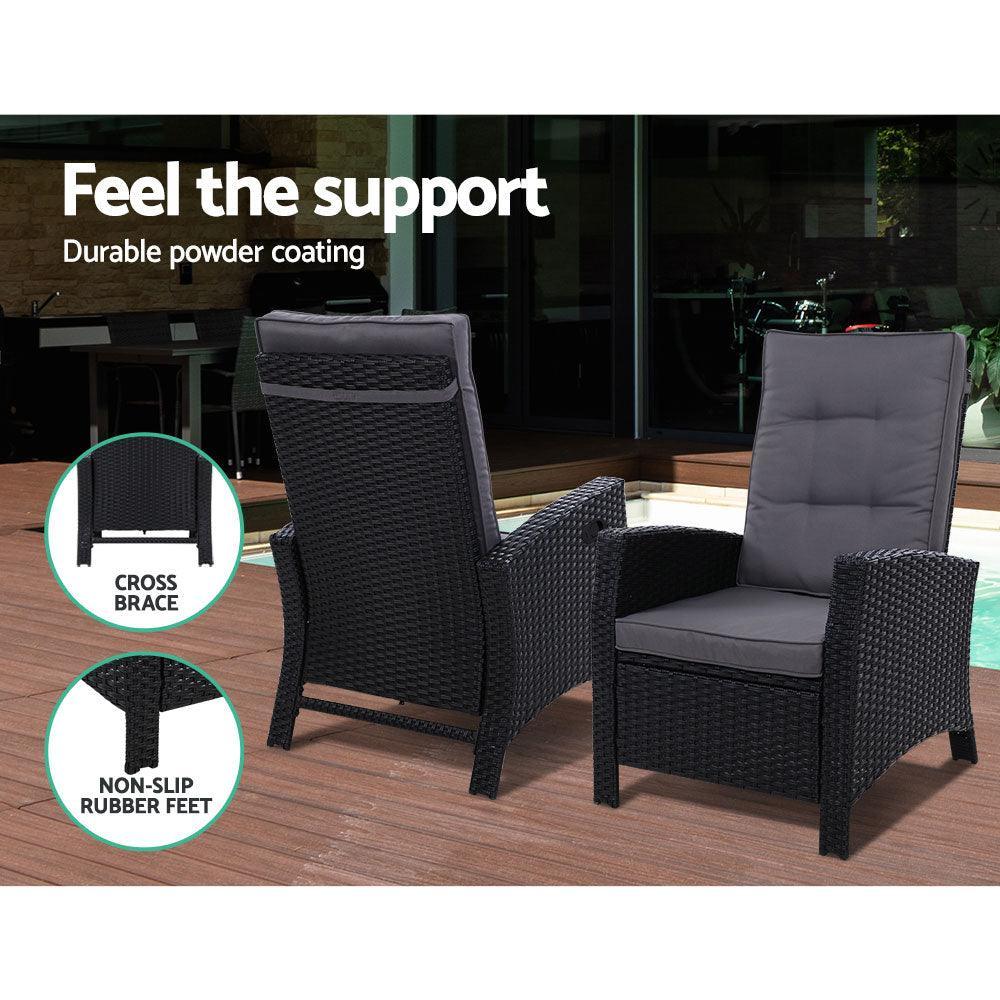 Gardeon Outdoor Patio Furniture Recliner Chairs Table Setting Wicker Lounge 5pc Black - John Cootes