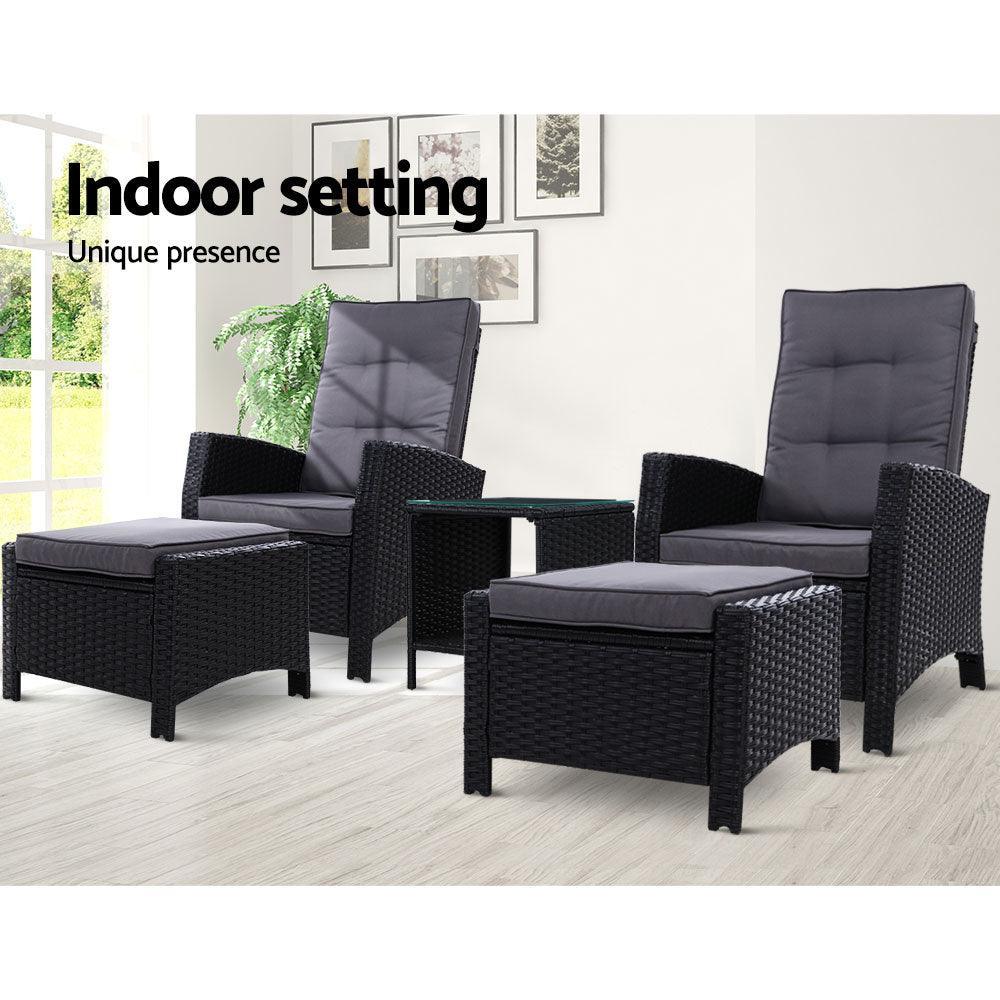 Gardeon Outdoor Patio Furniture Recliner Chairs Table Setting Wicker Lounge 5pc Black - John Cootes