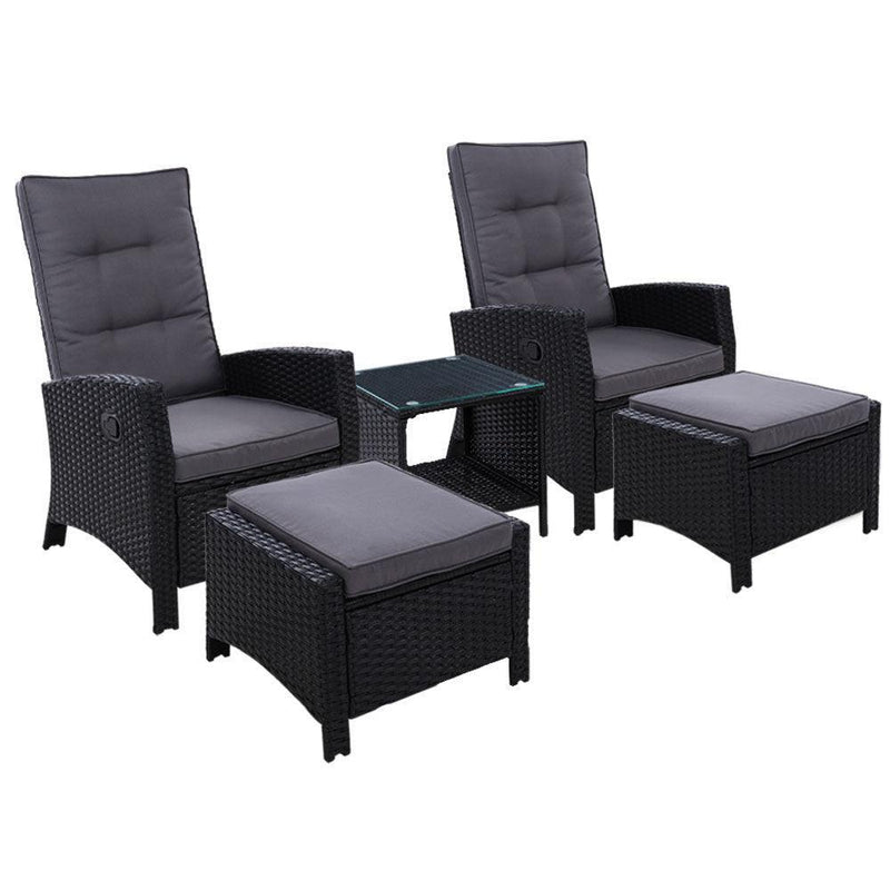 Gardeon Outdoor Patio Furniture Recliner Chairs Table Setting Wicker Lounge 5pc Black - John Cootes