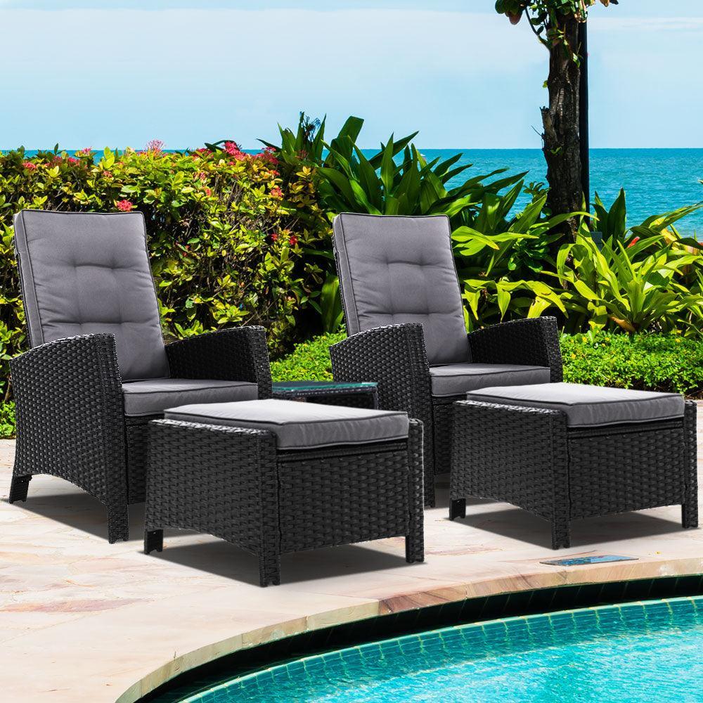 Gardeon Outdoor Patio Furniture Recliner Chairs Table Setting Wicker Lounge 5pc Black - John Cootes