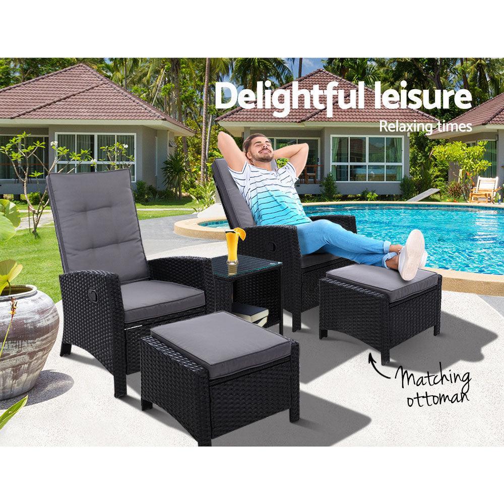 Gardeon Outdoor Patio Furniture Recliner Chairs Table Setting Wicker Lounge 5pc Black - John Cootes