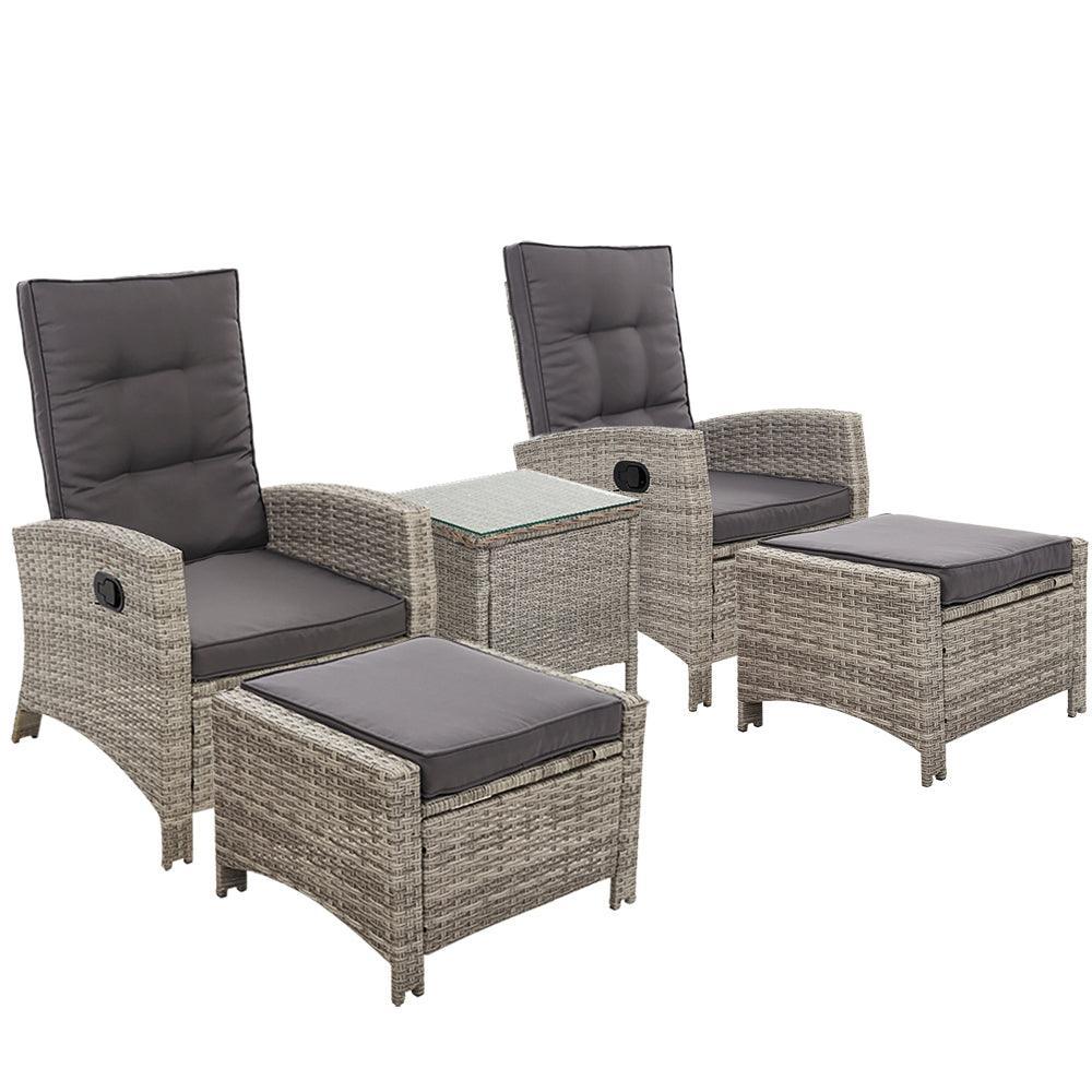 Gardeon Outdoor Patio Furniture Recliner Chairs Table Setting Wicker Lounge 5pc Grey - John Cootes