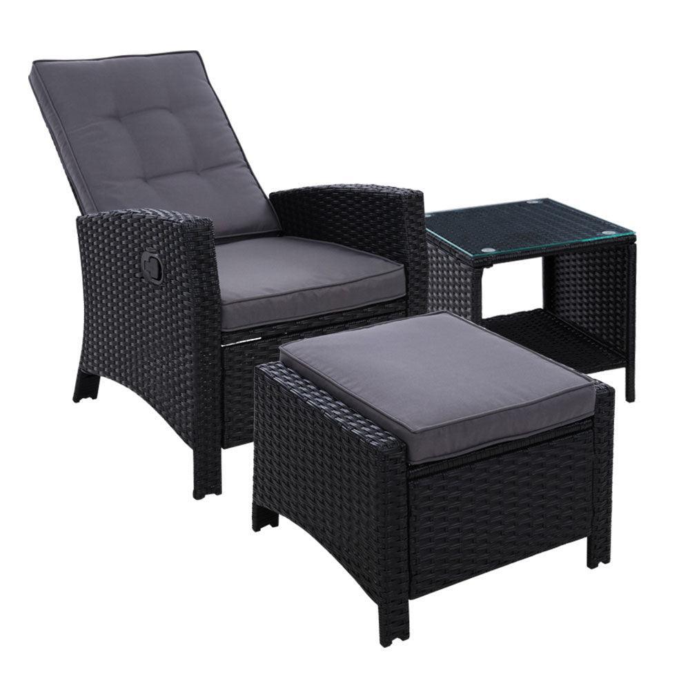 Gardeon Outdoor Setting Recliner Chair Table Set Wicker lounge Patio Furniture Black - John Cootes