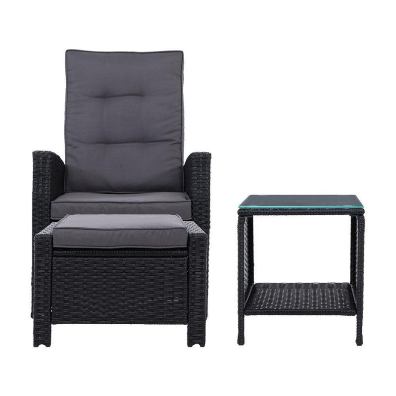 Gardeon Outdoor Setting Recliner Chair Table Set Wicker lounge Patio Furniture Black - John Cootes