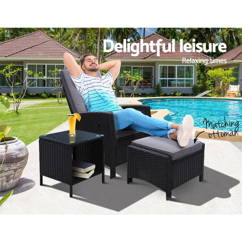 Gardeon Outdoor Setting Recliner Chair Table Set Wicker lounge Patio Furniture Black - John Cootes