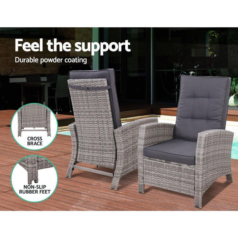 Gardeon Outdoor Setting Recliner Chair Table Set Wicker lounge Patio Furniture Grey - John Cootes