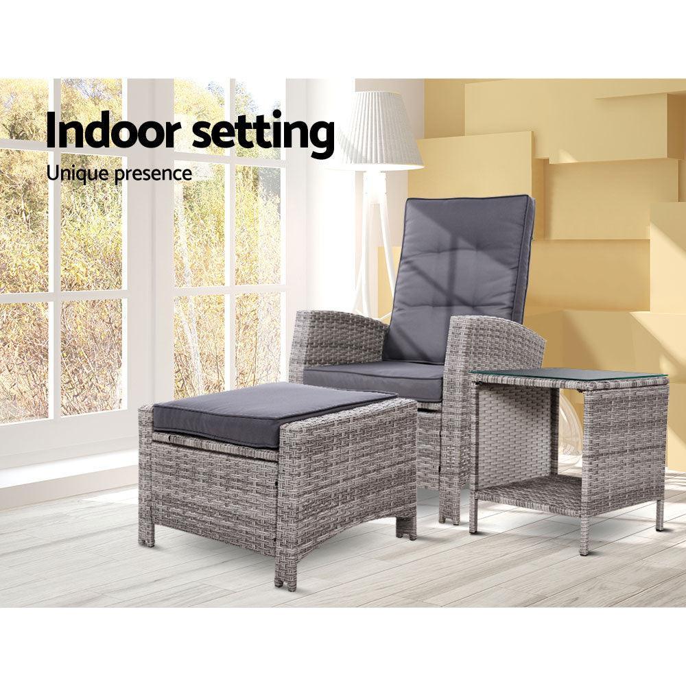 Gardeon Outdoor Setting Recliner Chair Table Set Wicker lounge Patio Furniture Grey - John Cootes