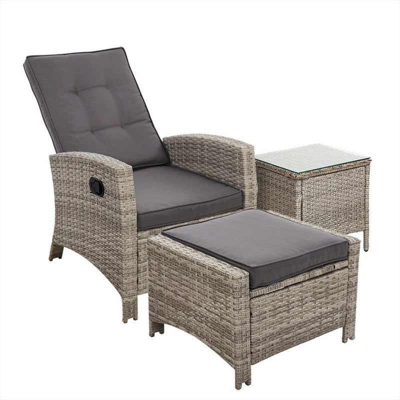 Gardeon Outdoor Setting Recliner Chair Table Set Wicker lounge Patio Furniture Grey - John Cootes