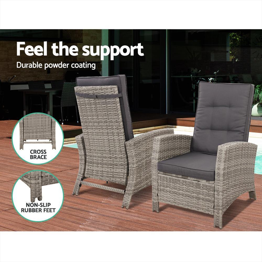 Gardeon Outdoor Setting Recliner Chair Table Set Wicker lounge Patio Furniture Grey - John Cootes