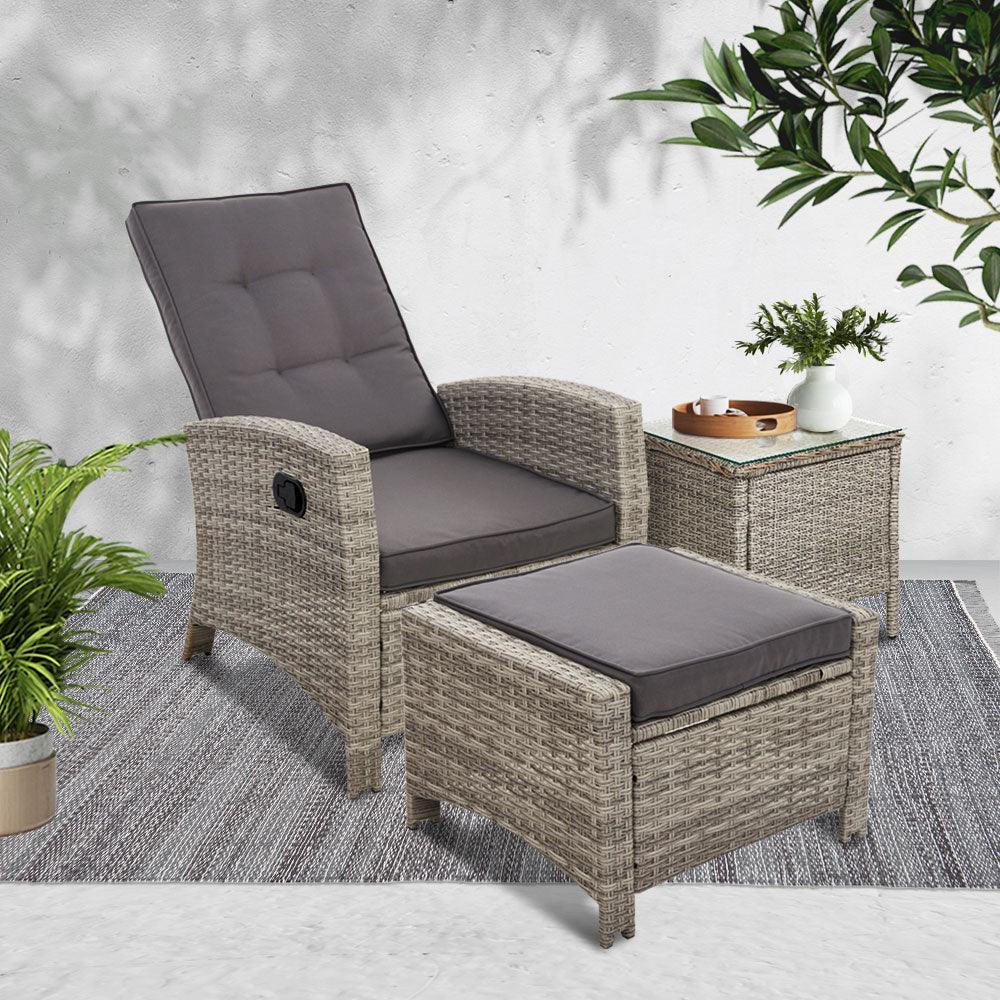 Gardeon Outdoor Setting Recliner Chair Table Set Wicker lounge Patio Furniture Grey - John Cootes