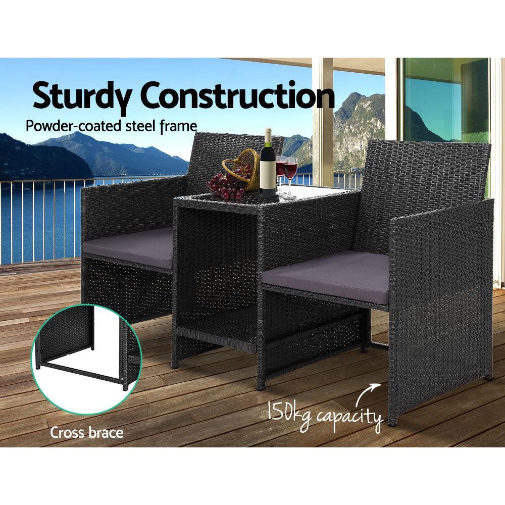 Gardeon Outdoor Setting Wicker Loveseat Birstro Set Patio Garden Furniture Black - John Cootes