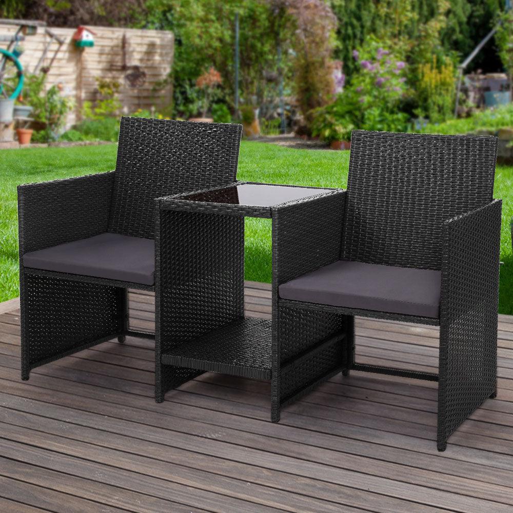 Gardeon Outdoor Setting Wicker Loveseat Birstro Set Patio Garden Furniture Black - John Cootes