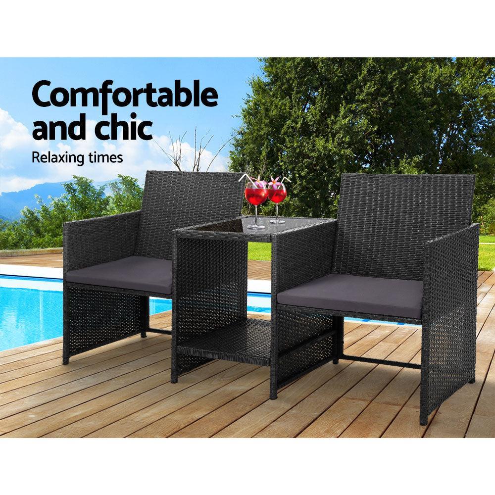 Gardeon Outdoor Setting Wicker Loveseat Birstro Set Patio Garden Furniture Black - John Cootes