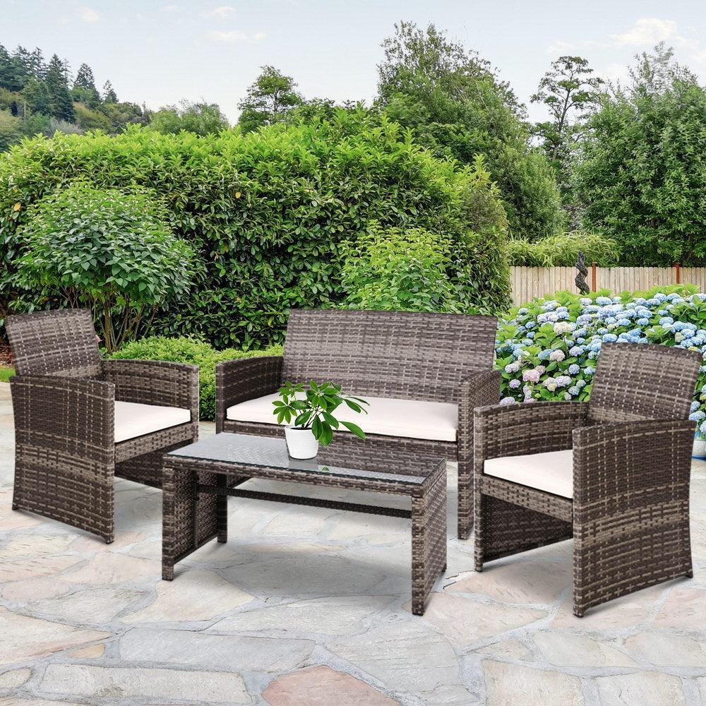 Gardeon Rattan Furniture Outdoor Lounge Setting Wicker Dining Set w/Storage Cover Mixed Grey - John Cootes