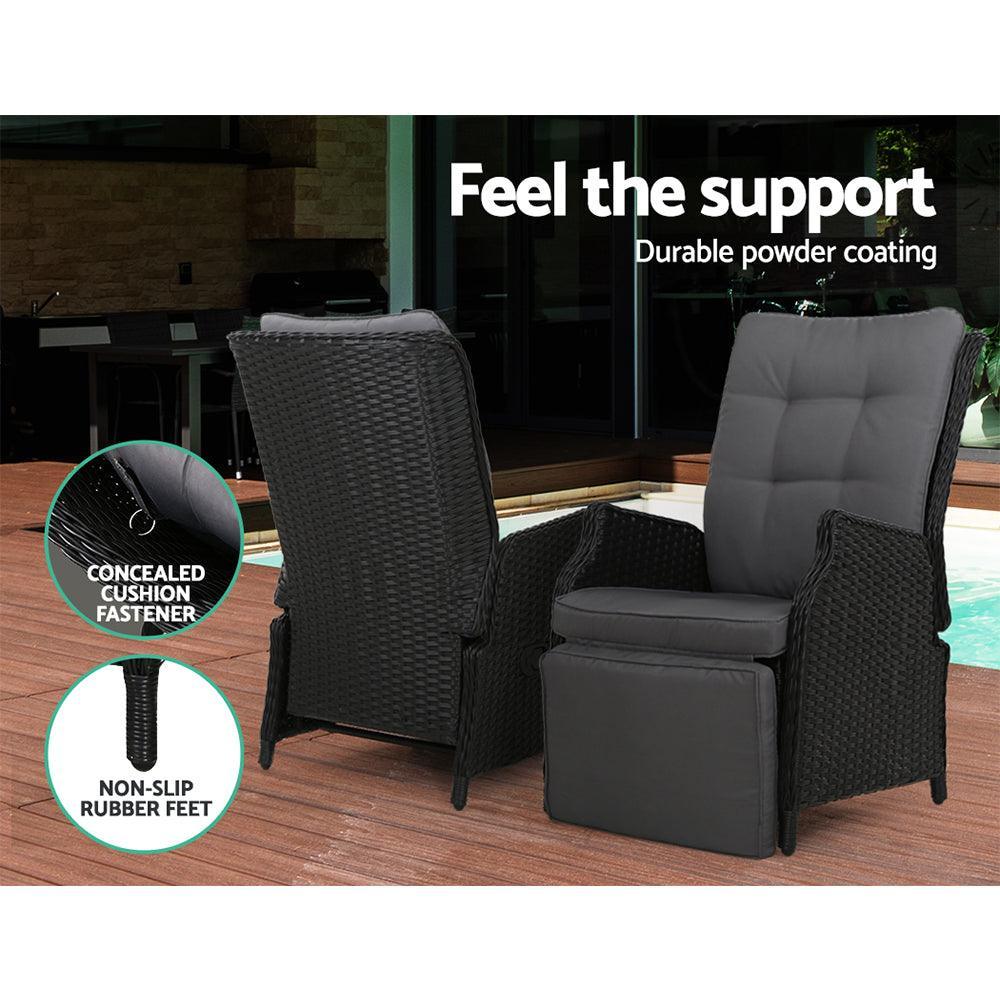 Gardeon Recliner Chairs Sun lounge Outdoor Furniture Setting Patio Wicker Sofa Black 2pcs - John Cootes