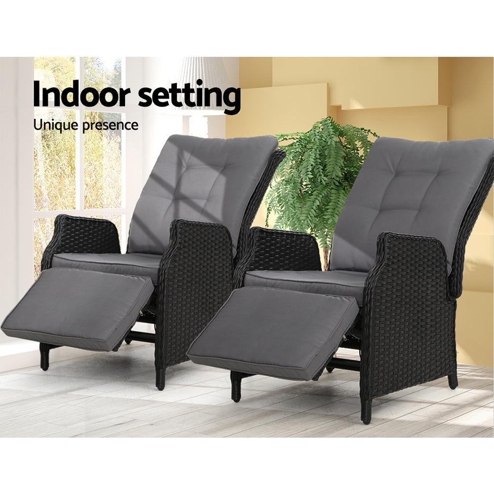 Gardeon Recliner Chairs Sun lounge Outdoor Furniture Setting Patio Wicker Sofa Black 2pcs - John Cootes