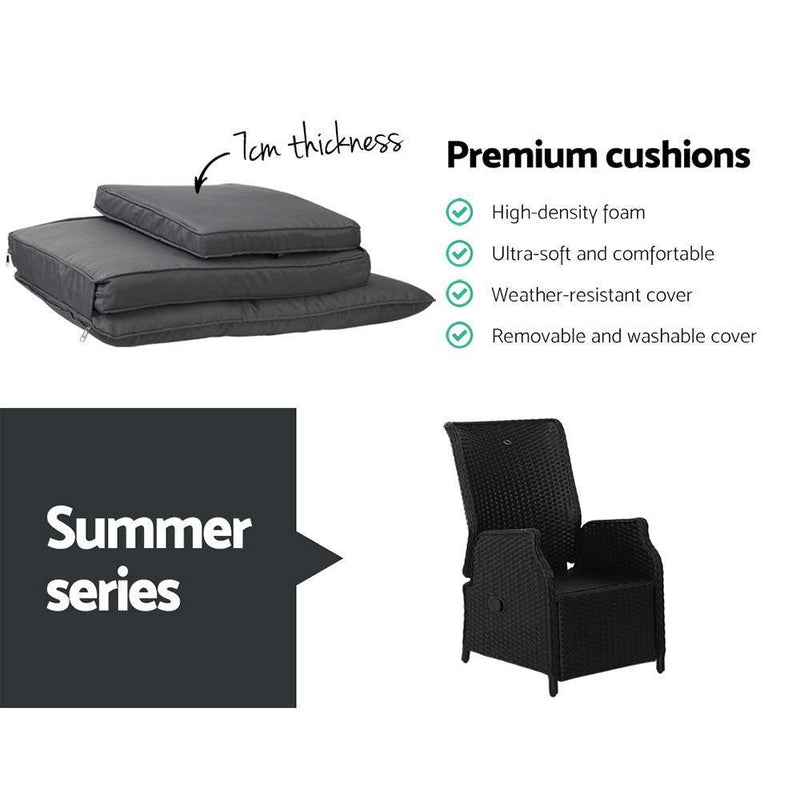 Gardeon Recliner Chairs Sun lounge Outdoor Furniture Setting Patio Wicker Sofa Black 2pcs - John Cootes