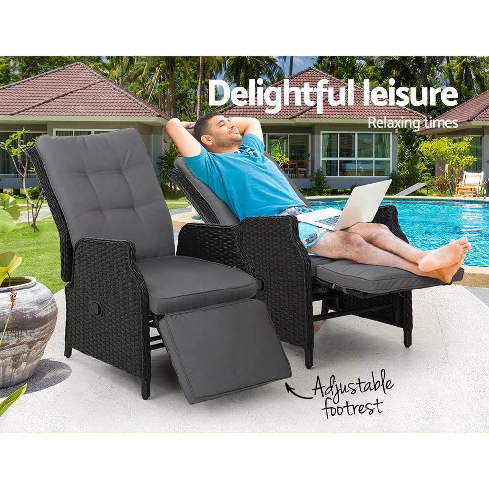 Gardeon Recliner Chairs Sun lounge Outdoor Furniture Setting Patio Wicker Sofa Black 2pcs - John Cootes