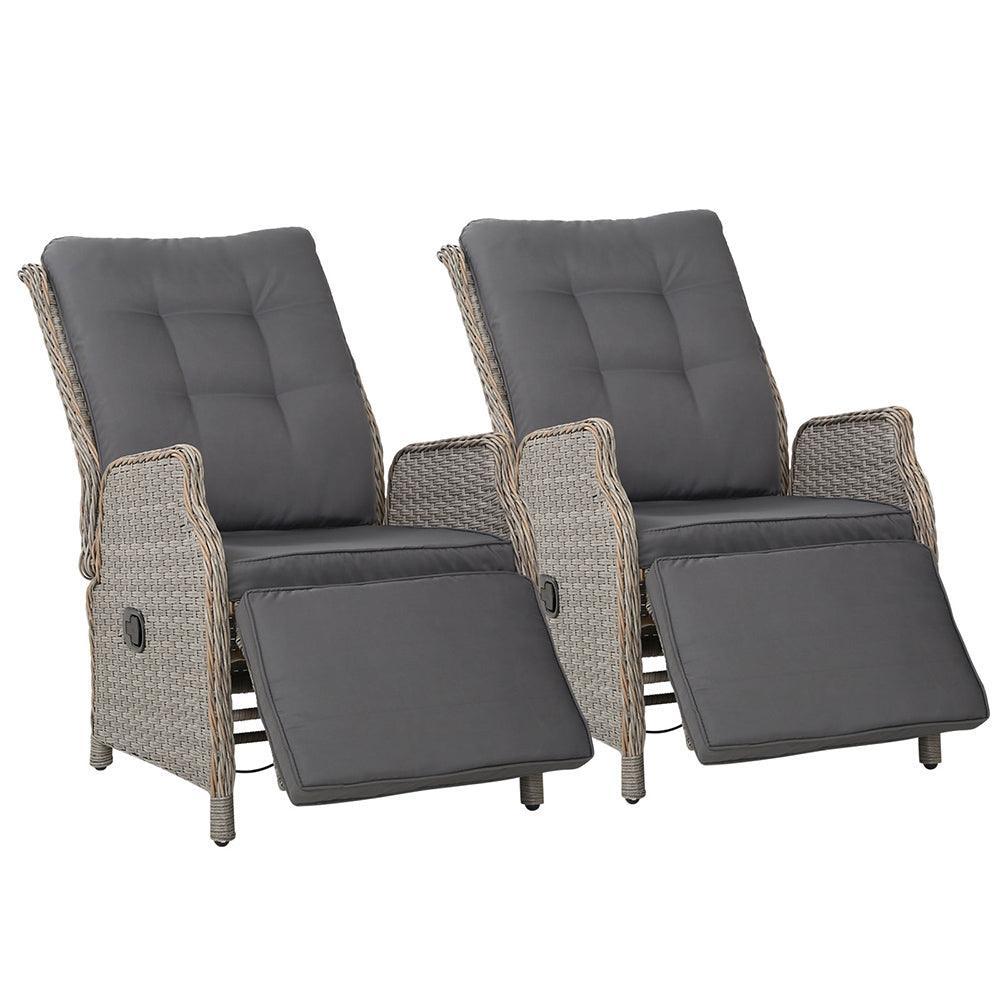 Gardeon Recliner Chairs Sun lounge Outdoor Furniture Setting Patio Wicker Sofa Grey 2pcs - John Cootes