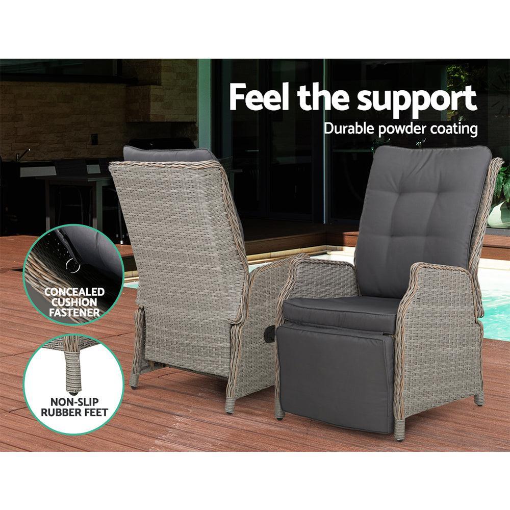 Gardeon Recliner Chairs Sun lounge Outdoor Furniture Setting Patio Wicker Sofa Grey 2pcs - John Cootes