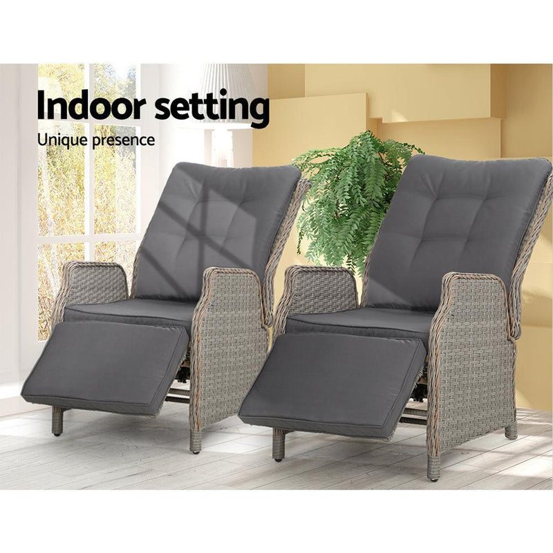 Gardeon Recliner Chairs Sun lounge Outdoor Furniture Setting Patio Wicker Sofa Grey 2pcs - John Cootes