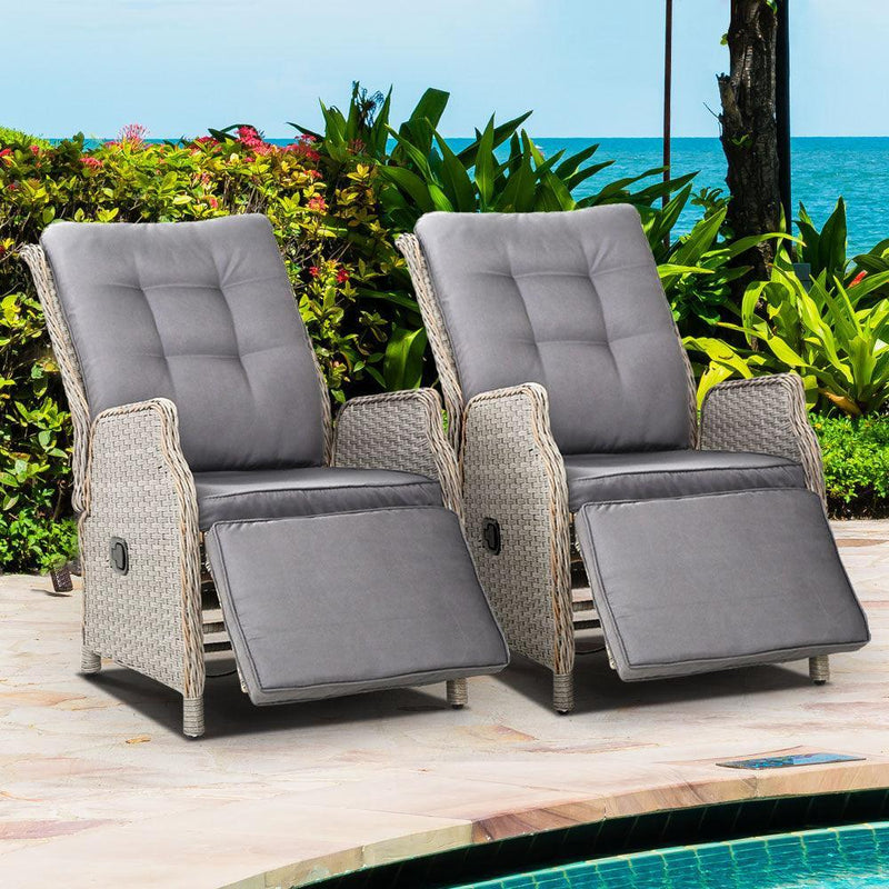 Gardeon Recliner Chairs Sun lounge Outdoor Furniture Setting Patio Wicker Sofa Grey 2pcs - John Cootes