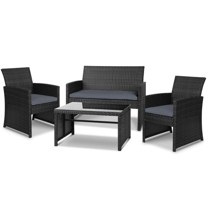 Gardeon Set of 4 Outdoor Lounge Setting Rattan Patio Wicker Dining Set Black - John Cootes