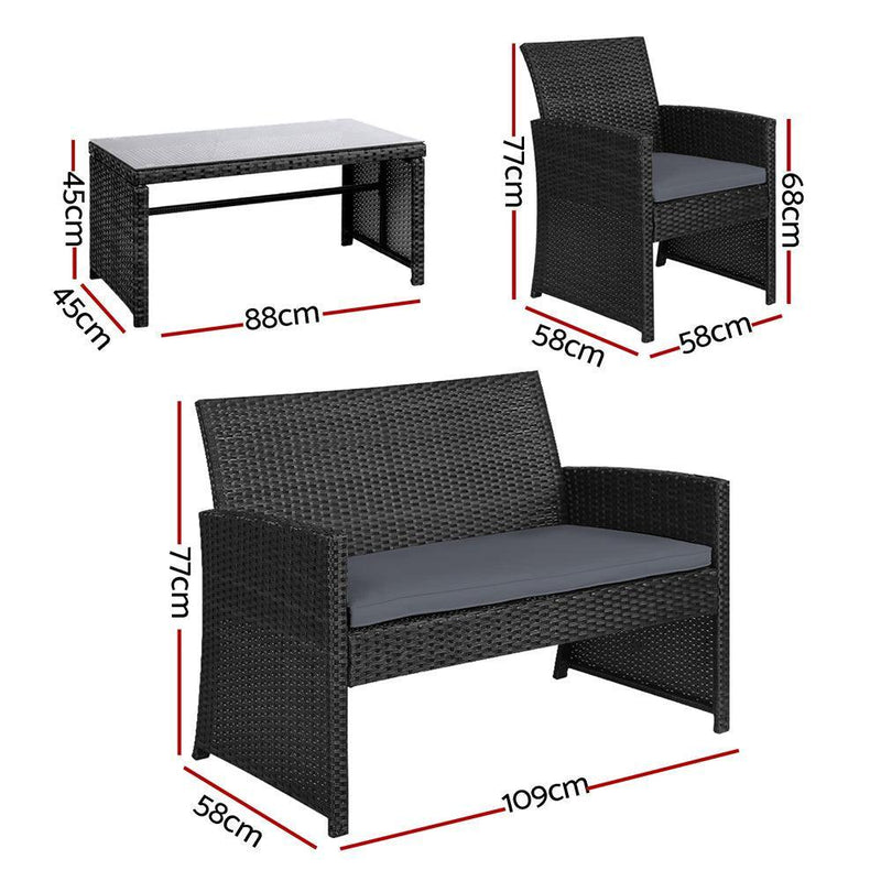 Gardeon Set of 4 Outdoor Lounge Setting Rattan Patio Wicker Dining Set Black - John Cootes