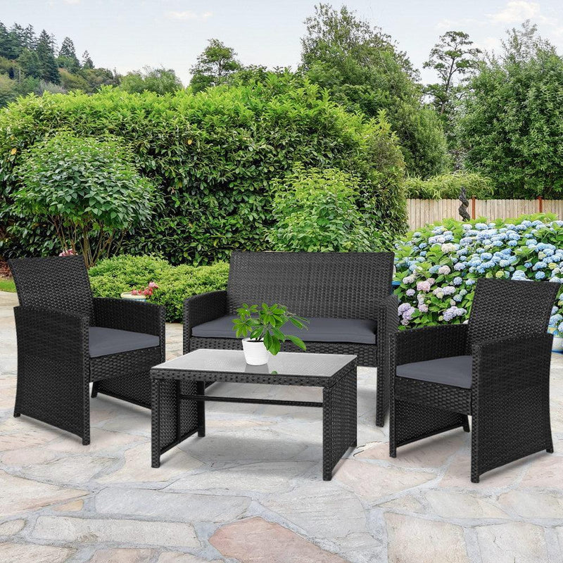 Gardeon Set of 4 Outdoor Lounge Setting Rattan Patio Wicker Dining Set Black - John Cootes