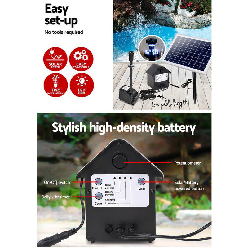 Gardeon Solar Pond Pump Battery Powered Outdoor LED Light Submersible Filter - John Cootes