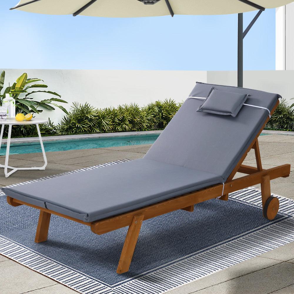 Gardeon Sun Lounge Wooden Lounger Outdoor Furniture Day Bed Wheel Patio Grey - John Cootes