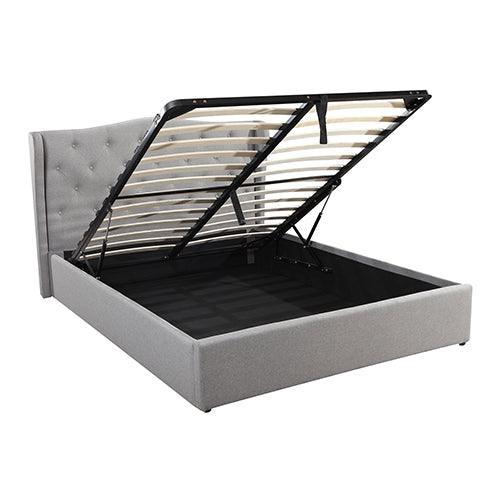 Gas Lift Queen Size Storage Bed Frame Upholstery Fabric in Grey Colour with Tufted Headboard and Wings - John Cootes