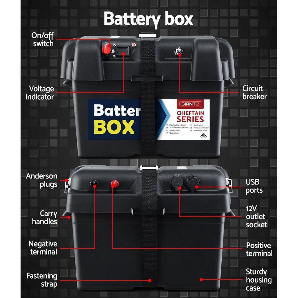 Giantz 100Ah Deep Cycle Battery & Battery Box 12V AGM Marine Sealed Power Solar Caravan 4WD Camping - John Cootes