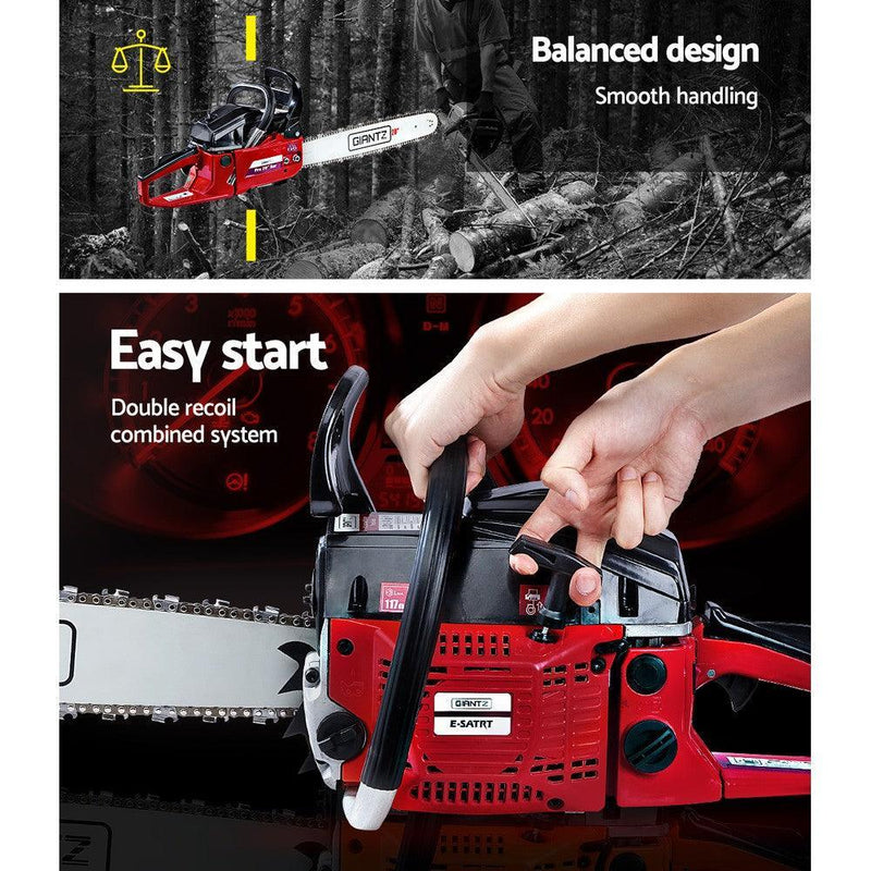 GIANTZ 52CC Petrol Commercial Chainsaw Chain Saw Bar E-Start Black - John Cootes