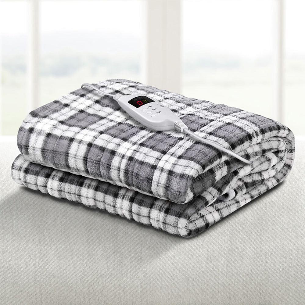 Giselle Bedding Electric Throw Rug Flannel Snuggle Blanket Washable Heated Grey and White Checkered - John Cootes