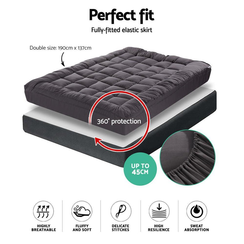 Giselle Double Mattress Topper Pillowtop 1000GSM Charcoal Microfibre Bamboo Fibre Filling Protector - John Cootes