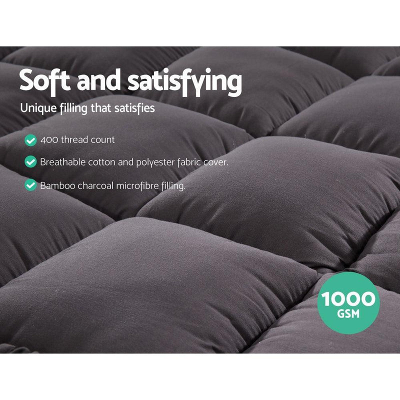 Giselle Double Mattress Topper Pillowtop 1000GSM Charcoal Microfibre Bamboo Fibre Filling Protector - John Cootes