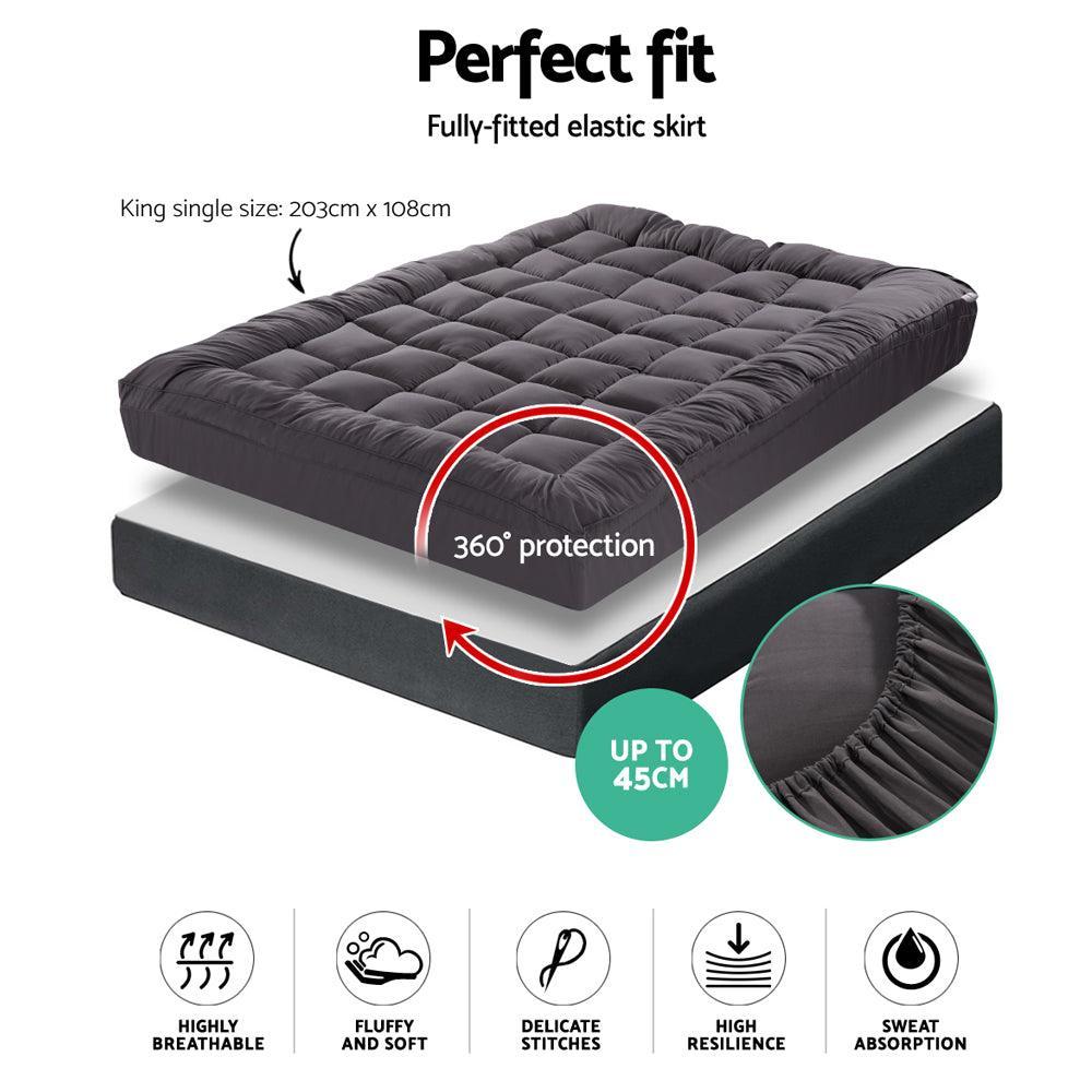 Giselle King Single Mattress Topper Pillowtop 1000GSM Charcoal Microfibre Bamboo Fibre Filling Protector - John Cootes