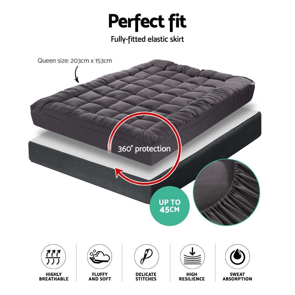 Giselle Queen Mattress Topper Pillowtop 1000GSM Charcoal Microfibre Bamboo Fibre Filling Protector - John Cootes