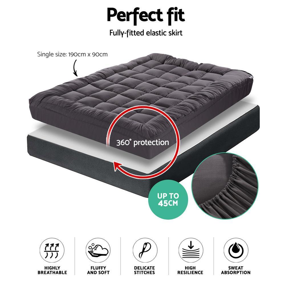 Giselle Single Mattress Topper Pillowtop 1000GSM Charcoal Microfibre Bamboo Fibre Filling Protector - John Cootes