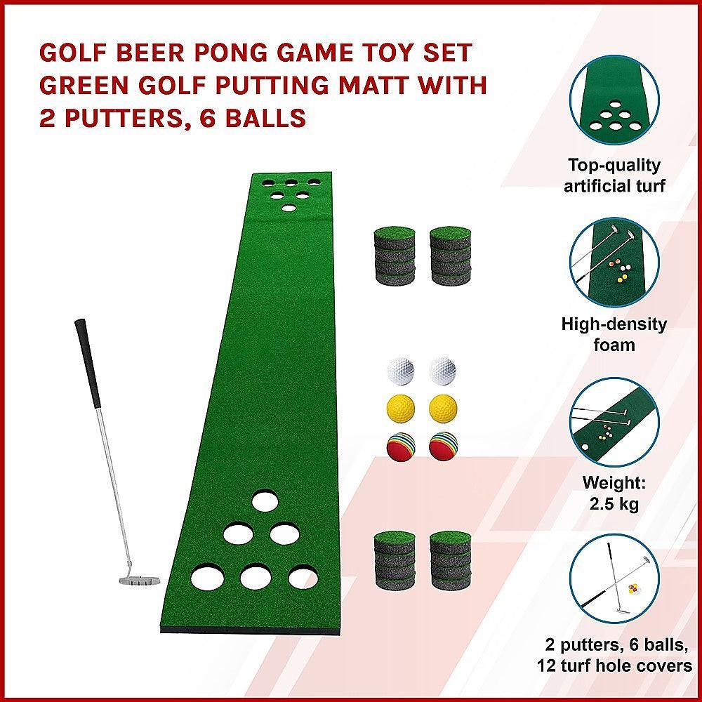 Golf Beer Pong Game Toy Set Green Golf Putting Matt with 2 Putters, 6 Balls - John Cootes