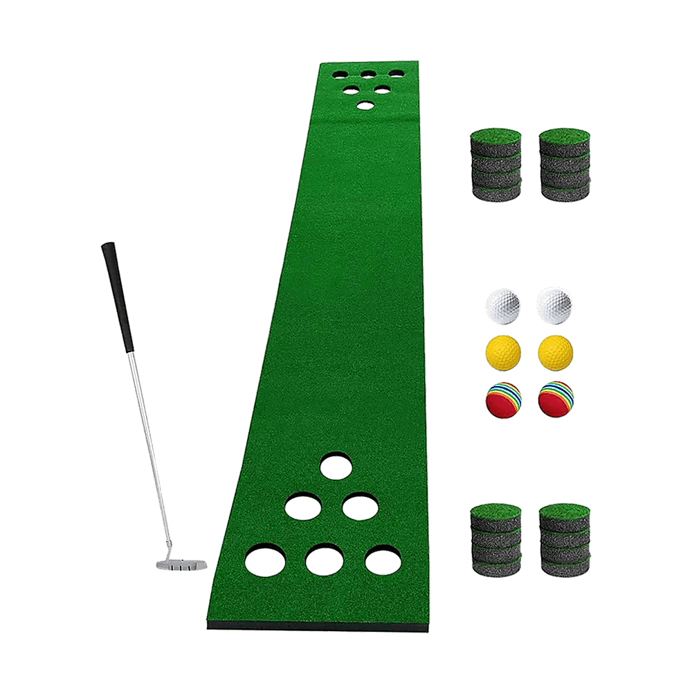 Golf Beer Pong Game Toy Set Green Golf Putting Matt with 2 Putters, 6 Balls - John Cootes